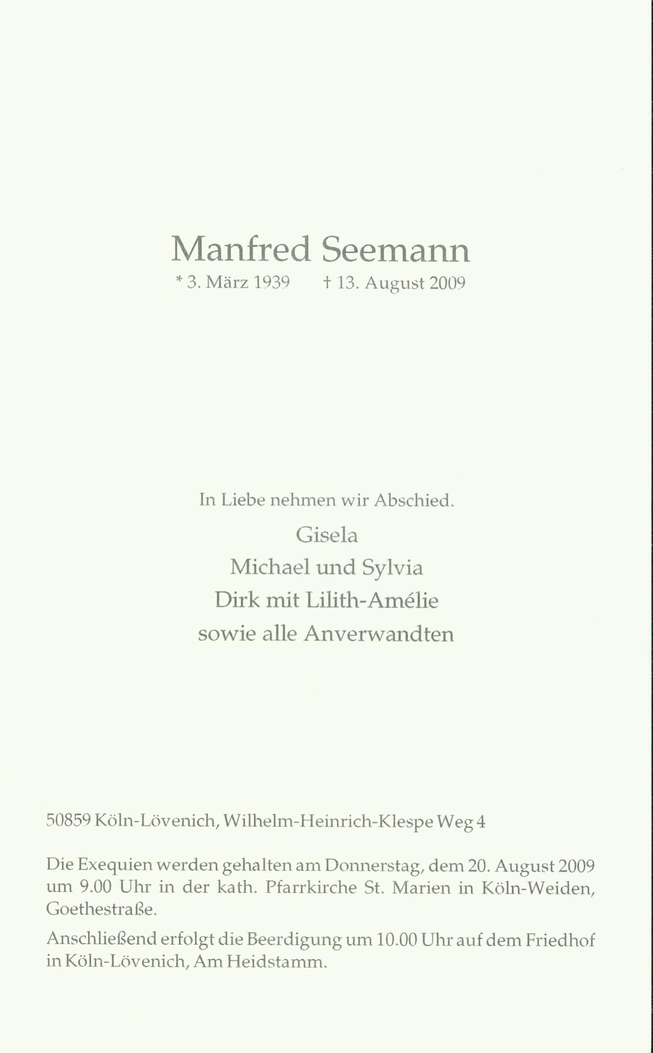 Todesanzeige Manfred Seemann